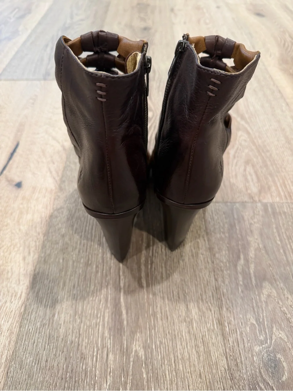 Frye Dark Brown Leather Strappy Peep-Toe Heels